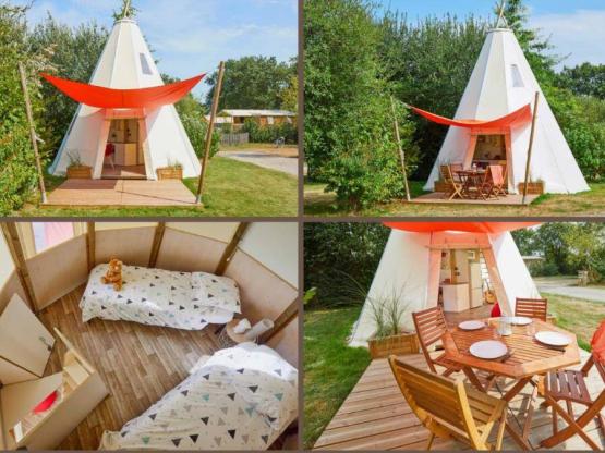 Tipi home 34m² (3 chambres) sans sanitaires sur terrasse sur-élevée de 54m² avec toile ombrage