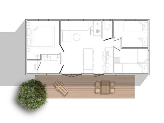 Mobilheim Premium 33m² / 3 Schlafzimmer - Terrasse + Spüllmachine + Grill