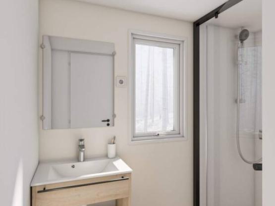 Mobil-home PREMIUM 20m² 1 chambre + TV+ Climatisation + Lave-vaisselle + terrasse couverte 10m²