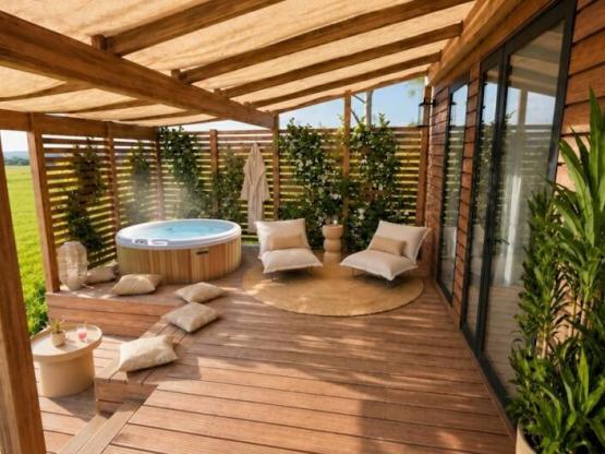 Mobil-home Cocoon 2ch 2 SDB | PREMIUM+ -33m²- SPA-Clim-TV-LV-plancha-terrasse couv.-pack travel
