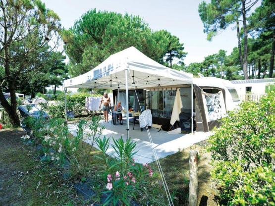 Stellplatz Privilège (Zelt, Wohnwagen, Wohnmobil / 1 Auto / Strom 10A) + Fließwasser- und Abwasseranschluss